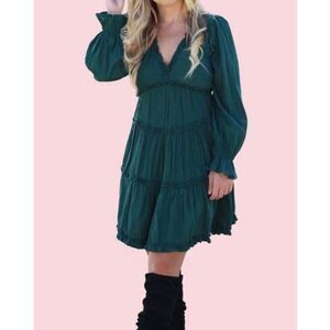 Bohme Vivian Vine Emerald "Wicked" Cottagecore Tiered Ruffle Boho Mini Dress L